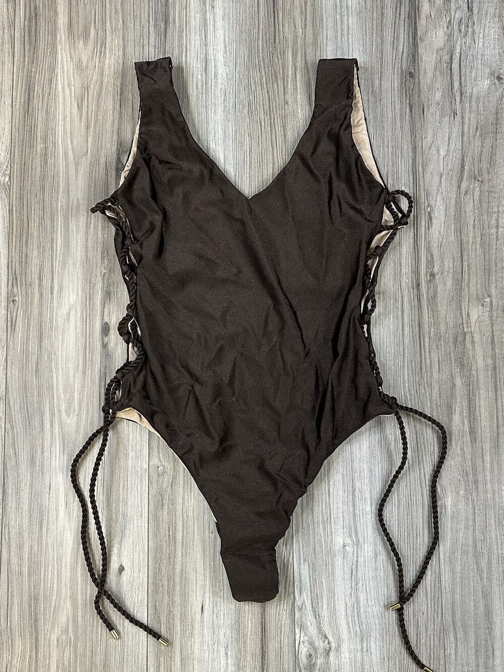 Rio De Sol Zoe One Piece Swimsuit Shimmer Coffee Brown Womens Size Large NEW